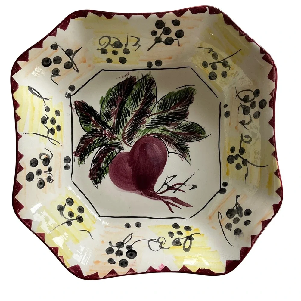 Antica Fornace Italy Ceramic Serving Bowl Beet Radish Hand Painted Square 11.5in